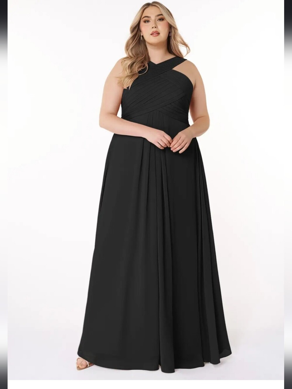 Azazie Kaleigh Black Plus Size Cross-Halter Pleated Maxi Dress